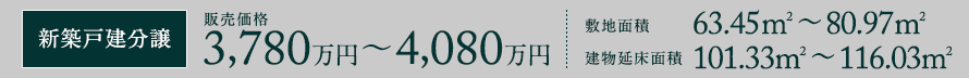 新築戸建分譲　販売価格：3,780万円～4,080万円　敷地面積：63.45m2～80.97m2　建物延床面積：101.33m2～116.03m2